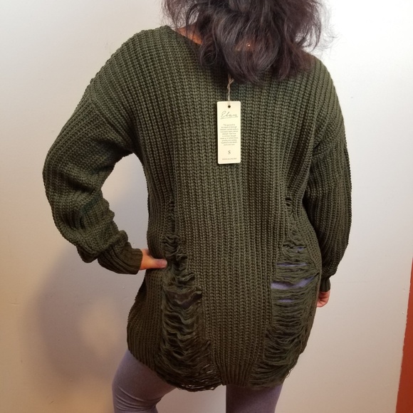 NWT Olive Green Ripped distressed long sweater - Picture 3 of 5